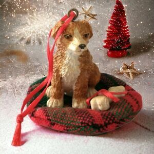 Vtg Fortunoff Dog Ornament Christmas Tree Puppy Mutt Rescue Plaid Dog Bed Bone.